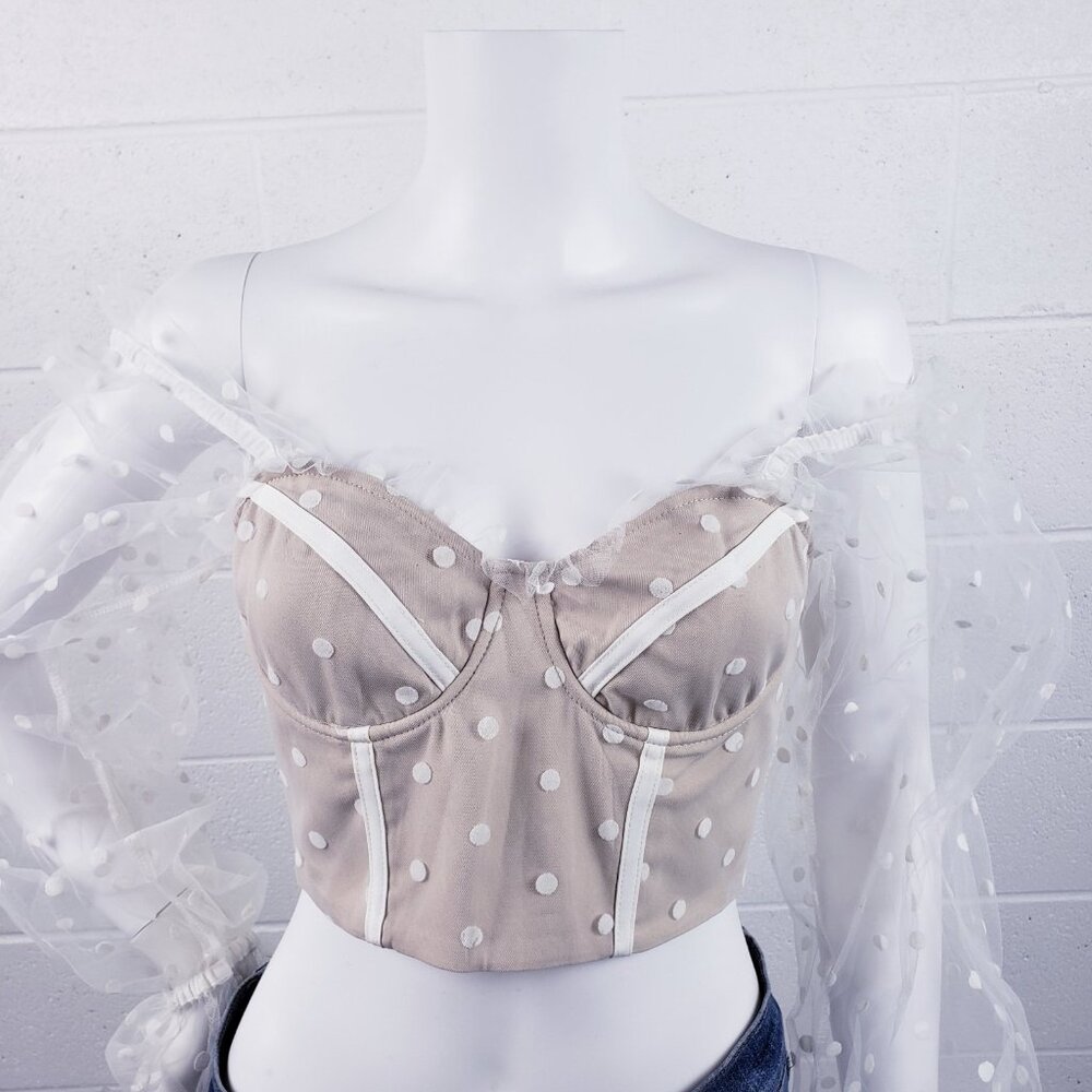 Runaway The Label Bustier Corset Top Size 4 Beige Polka Dot Tulle Sheer Sleeves - Picture 5 of 10